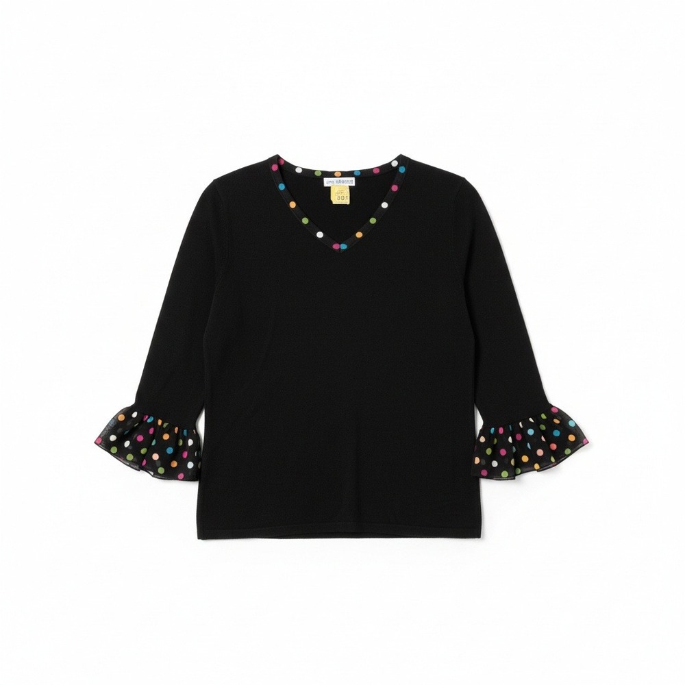 Eric Spencer Black V-Neck Sweater, Women's Medium, Polka Dot Trim Ruffle Cuff‎